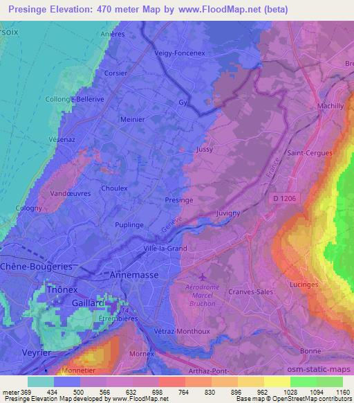Presinge,Switzerland Elevation Map