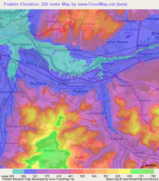 Pratteln,Switzerland Elevation Map