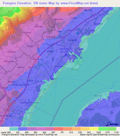 Prangins,Switzerland Elevation Map