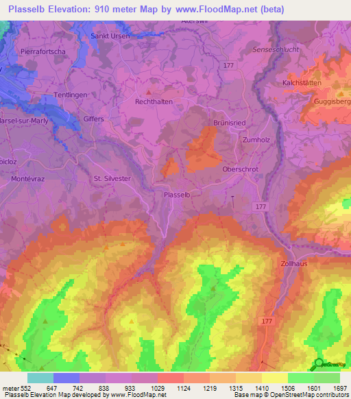 Plasselb,Switzerland Elevation Map