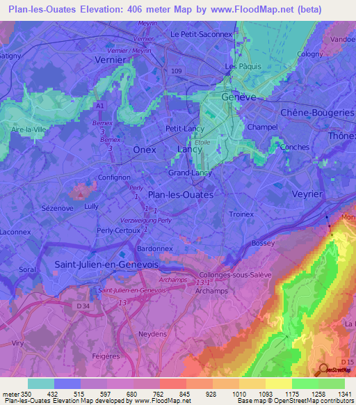 Plan-les-Ouates,Switzerland Elevation Map