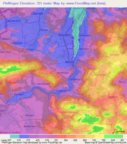 Pfeffingen,Switzerland Elevation Map