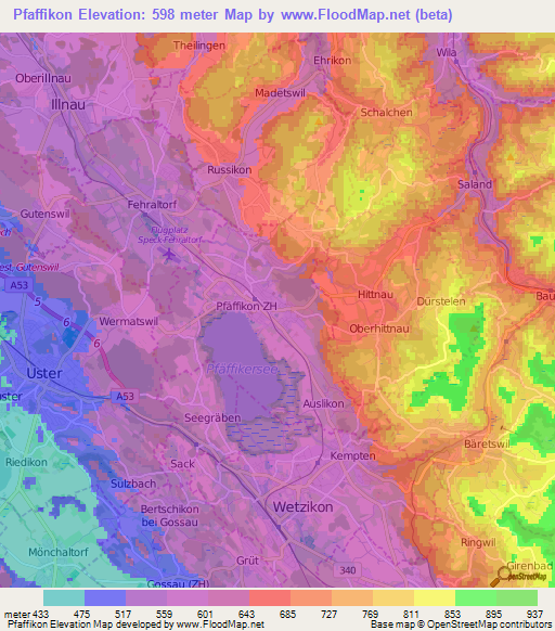 Pfaffikon,Switzerland Elevation Map