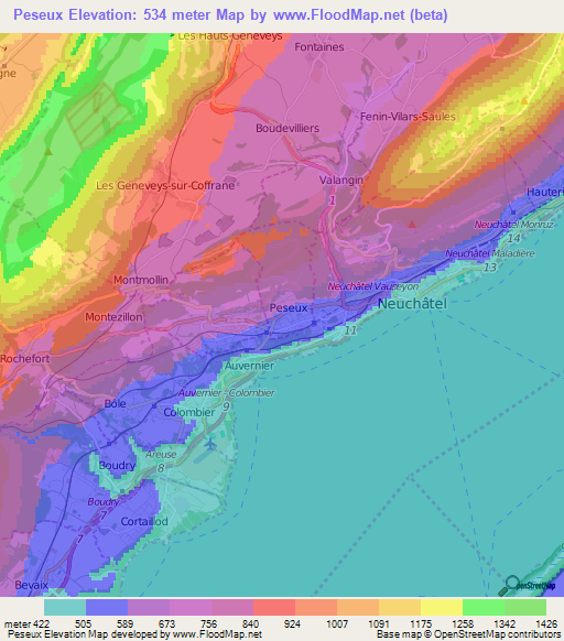 Peseux,Switzerland Elevation Map