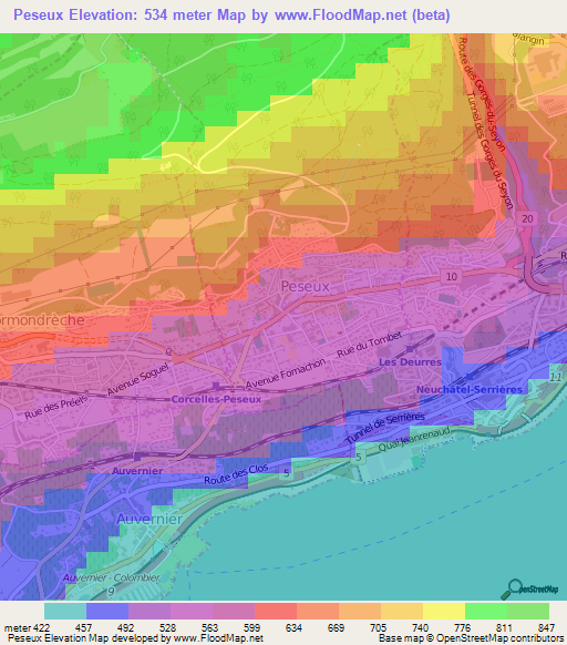 Peseux,Switzerland Elevation Map