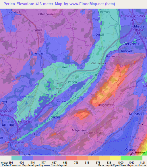 Perlen,Switzerland Elevation Map