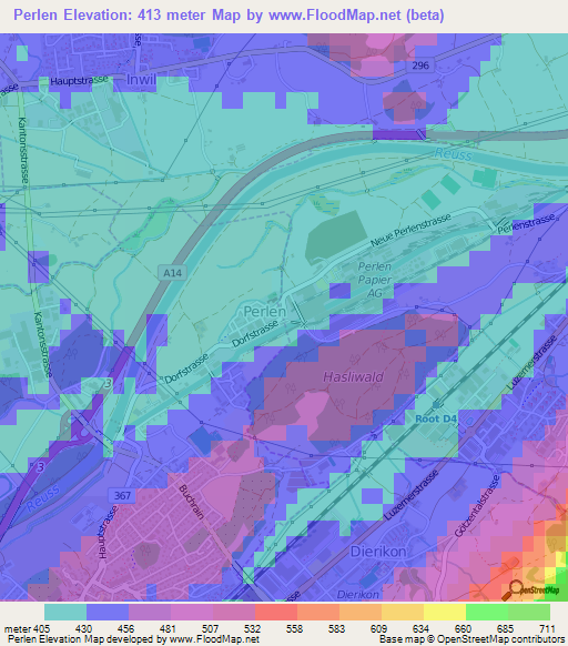 Perlen,Switzerland Elevation Map