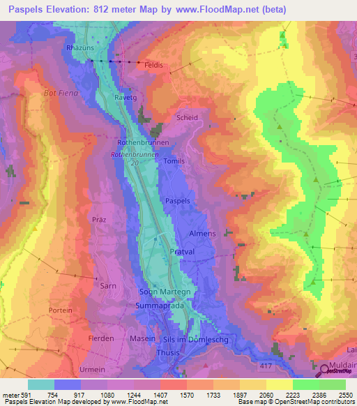 Paspels,Switzerland Elevation Map