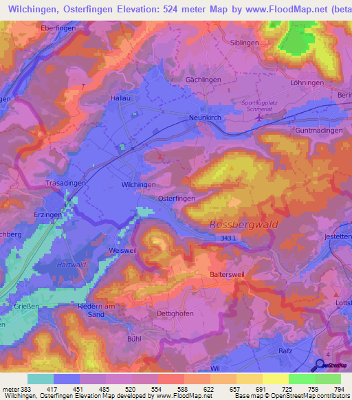 Wilchingen, Osterfingen,Switzerland Elevation Map