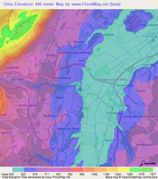 Orbe,Switzerland Elevation Map