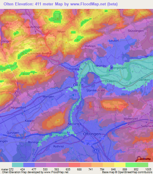 Olten,Switzerland Elevation Map