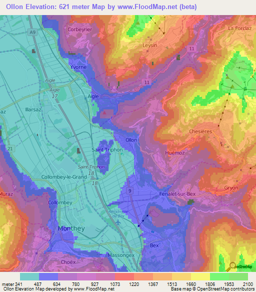 Ollon,Switzerland Elevation Map