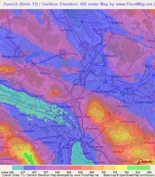 Zuerich (Kreis 11) / Oerlikon,Switzerland Elevation Map