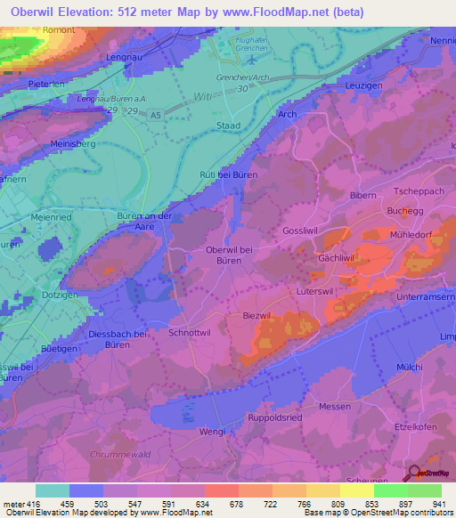 Oberwil,Switzerland Elevation Map