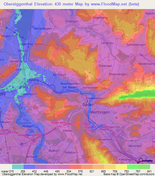 Obersiggenthal,Switzerland Elevation Map