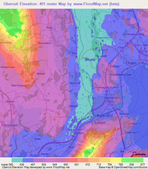 Oberruti,Switzerland Elevation Map