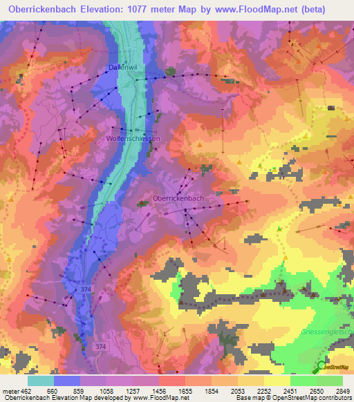 Oberrickenbach,Switzerland Elevation Map