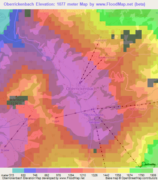 Oberrickenbach,Switzerland Elevation Map