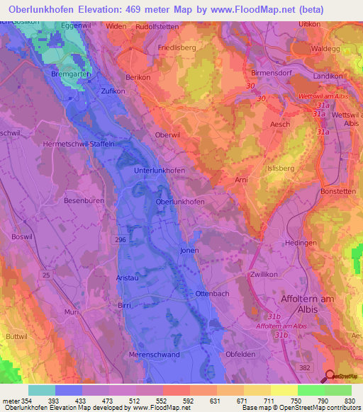 Oberlunkhofen,Switzerland Elevation Map