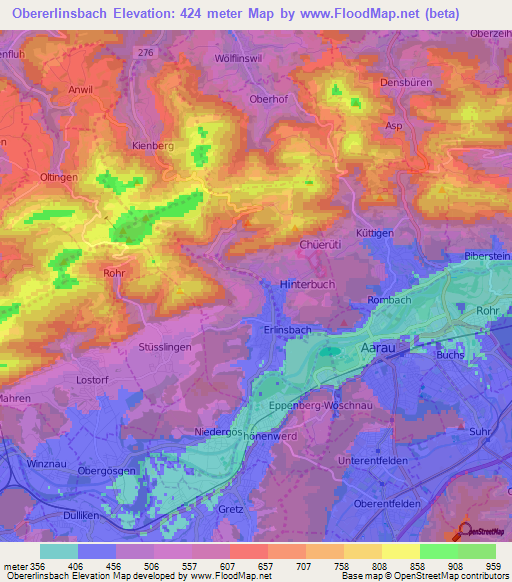 Obererlinsbach,Switzerland Elevation Map