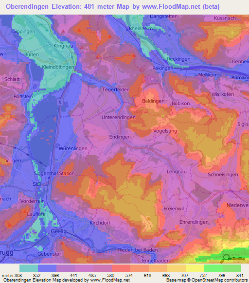 Oberendingen,Switzerland Elevation Map