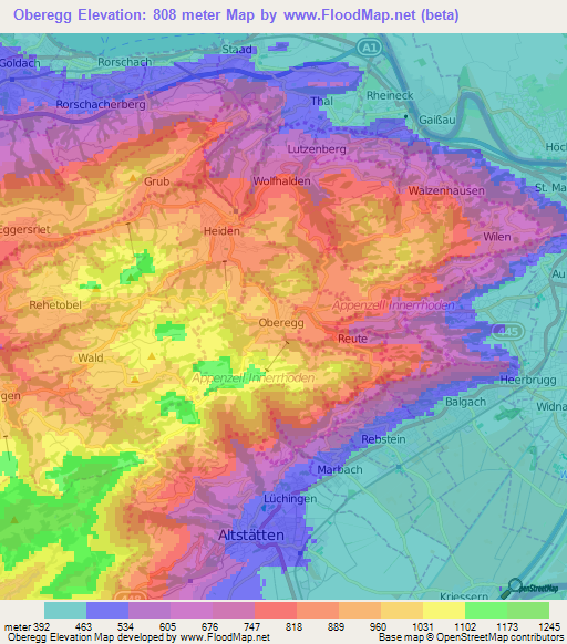 Oberegg,Switzerland Elevation Map