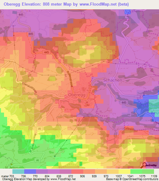 Oberegg,Switzerland Elevation Map