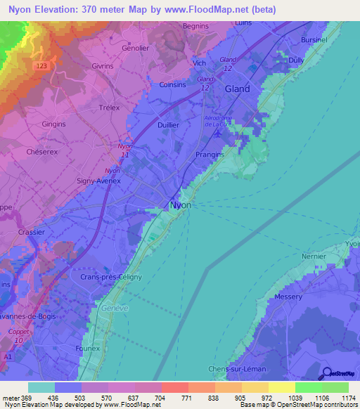 Nyon,Switzerland Elevation Map