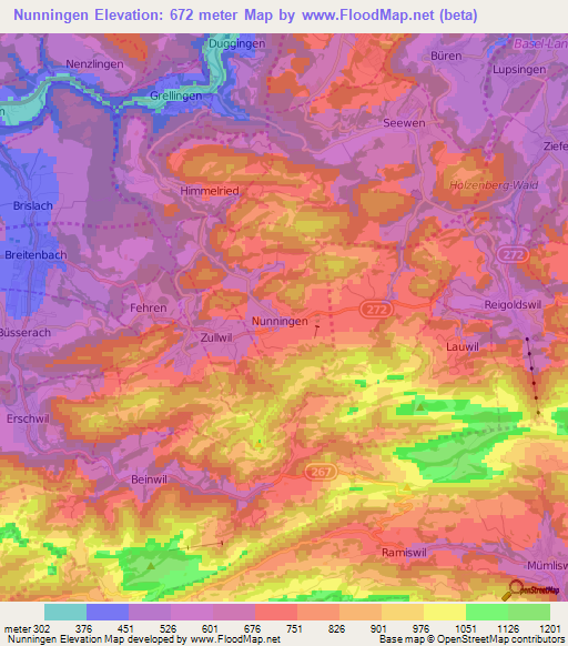 Nunningen,Switzerland Elevation Map