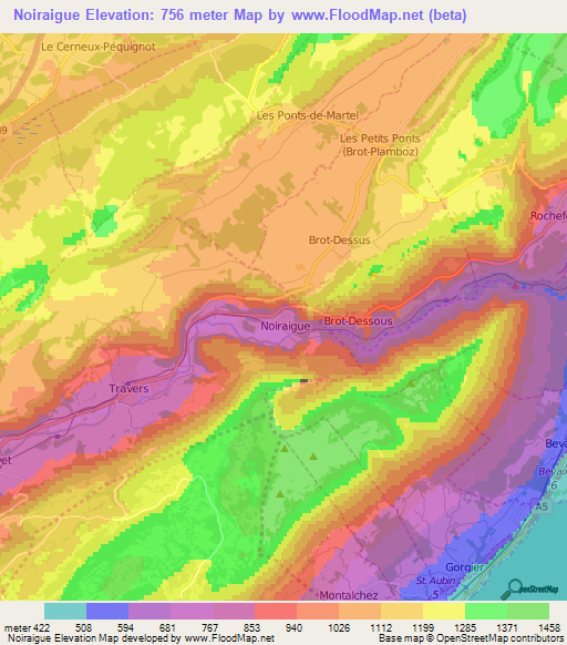 Noiraigue,Switzerland Elevation Map