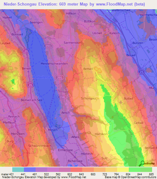 Nieder-Schongau,Switzerland Elevation Map