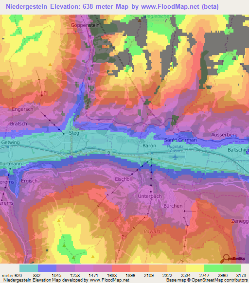Niedergesteln,Switzerland Elevation Map