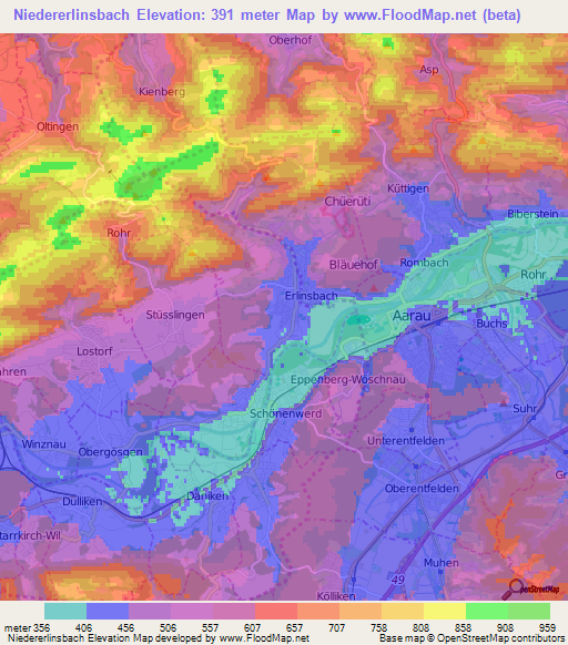 Niedererlinsbach,Switzerland Elevation Map