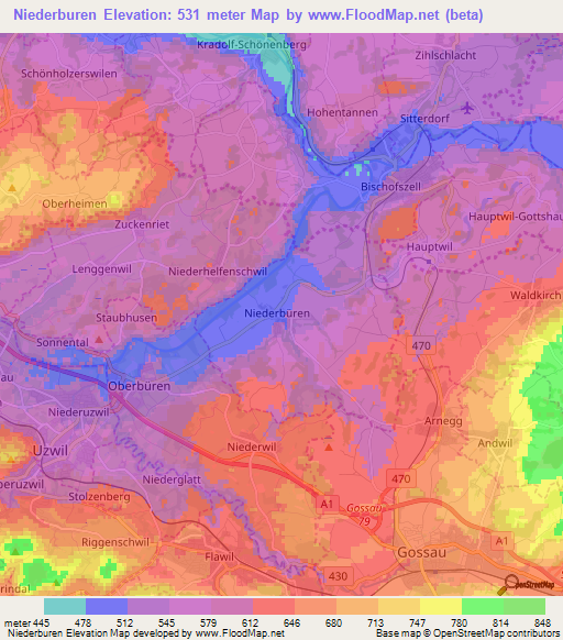 Niederburen,Switzerland Elevation Map