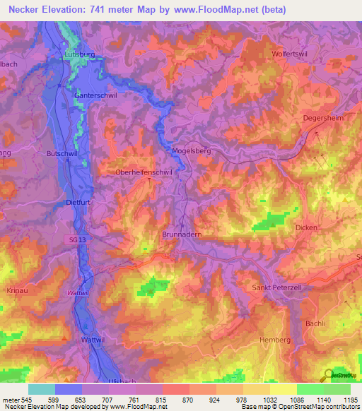 Necker,Switzerland Elevation Map