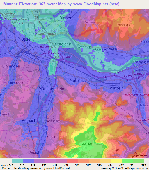 Muttenz,Switzerland Elevation Map