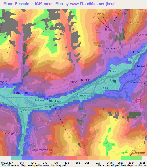 Mund,Switzerland Elevation Map