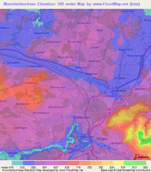 Munchenbuchsee,Switzerland Elevation Map