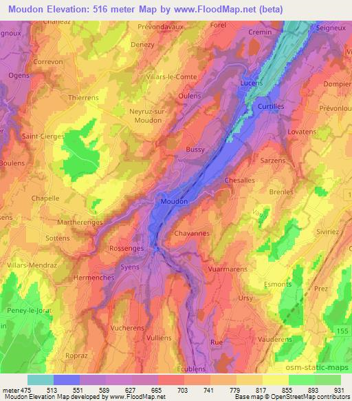 Moudon,Switzerland Elevation Map