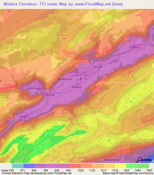 Motiers,Switzerland Elevation Map