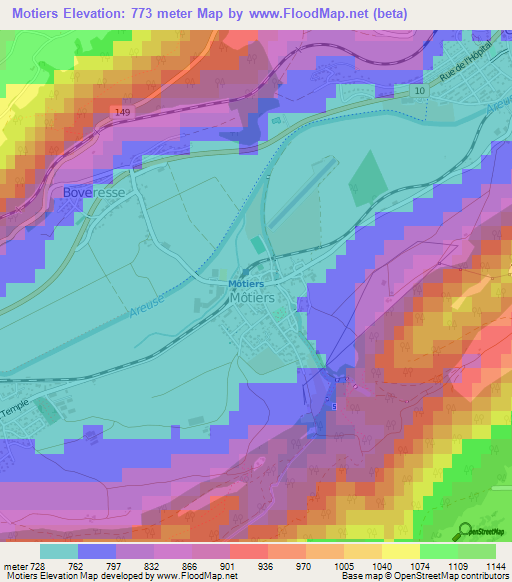 Motiers,Switzerland Elevation Map