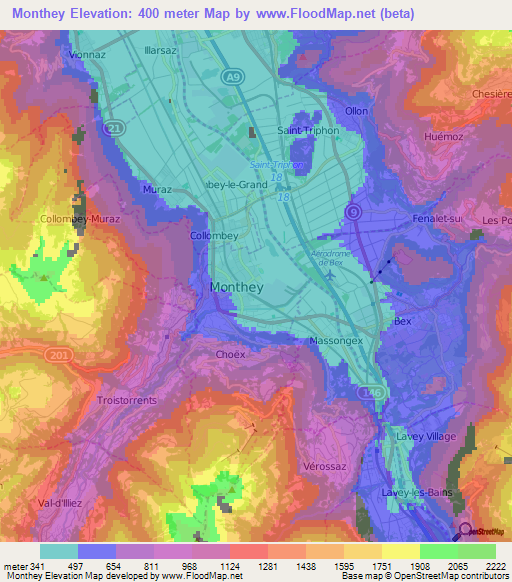 Monthey,Switzerland Elevation Map