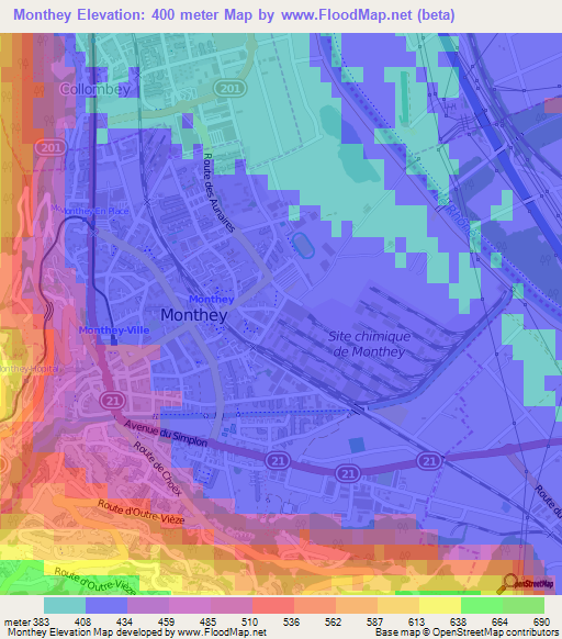 Monthey,Switzerland Elevation Map