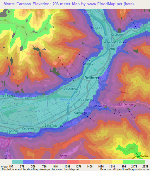 Monte Carasso,Switzerland Elevation Map