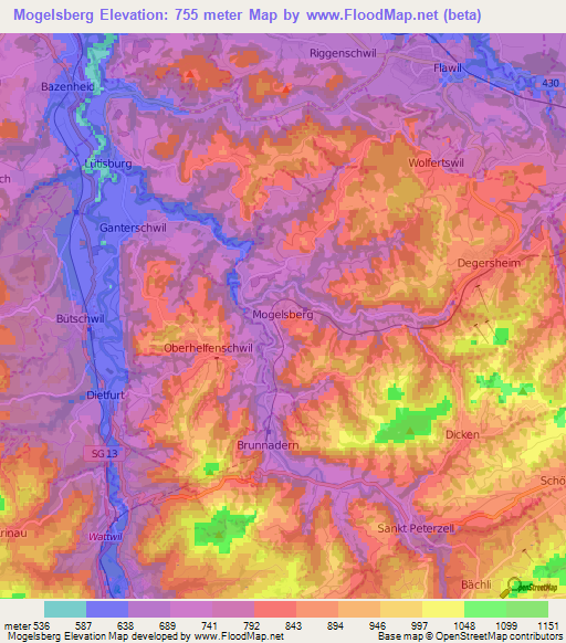 Mogelsberg,Switzerland Elevation Map