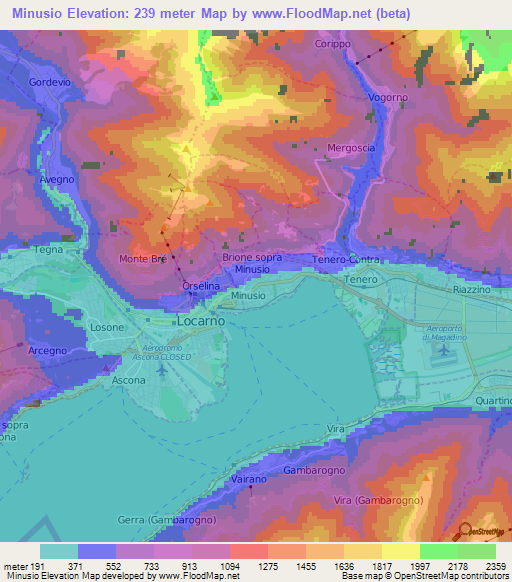 Minusio,Switzerland Elevation Map