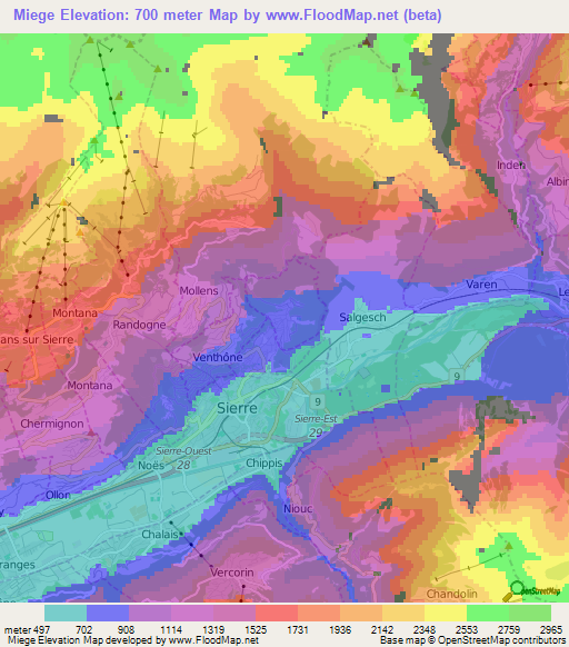 Miege,Switzerland Elevation Map