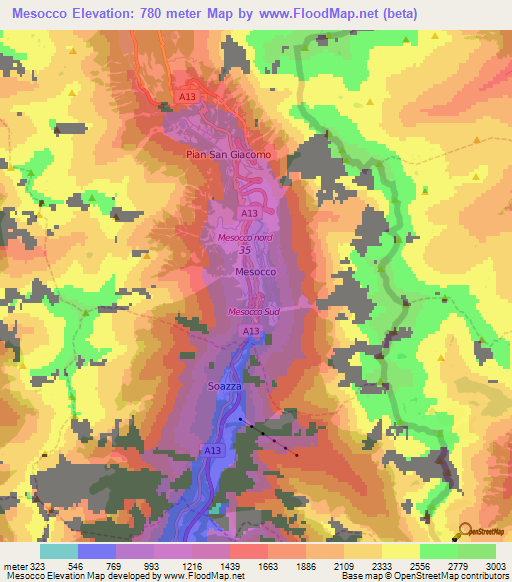 Mesocco,Switzerland Elevation Map