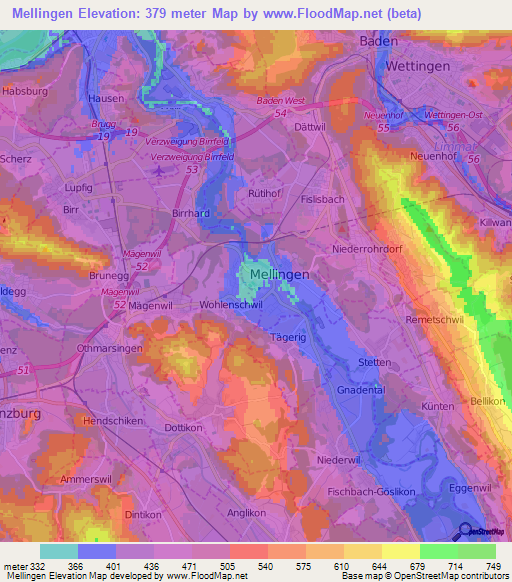 Mellingen,Switzerland Elevation Map