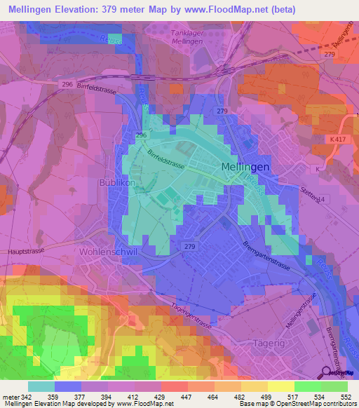 Mellingen,Switzerland Elevation Map